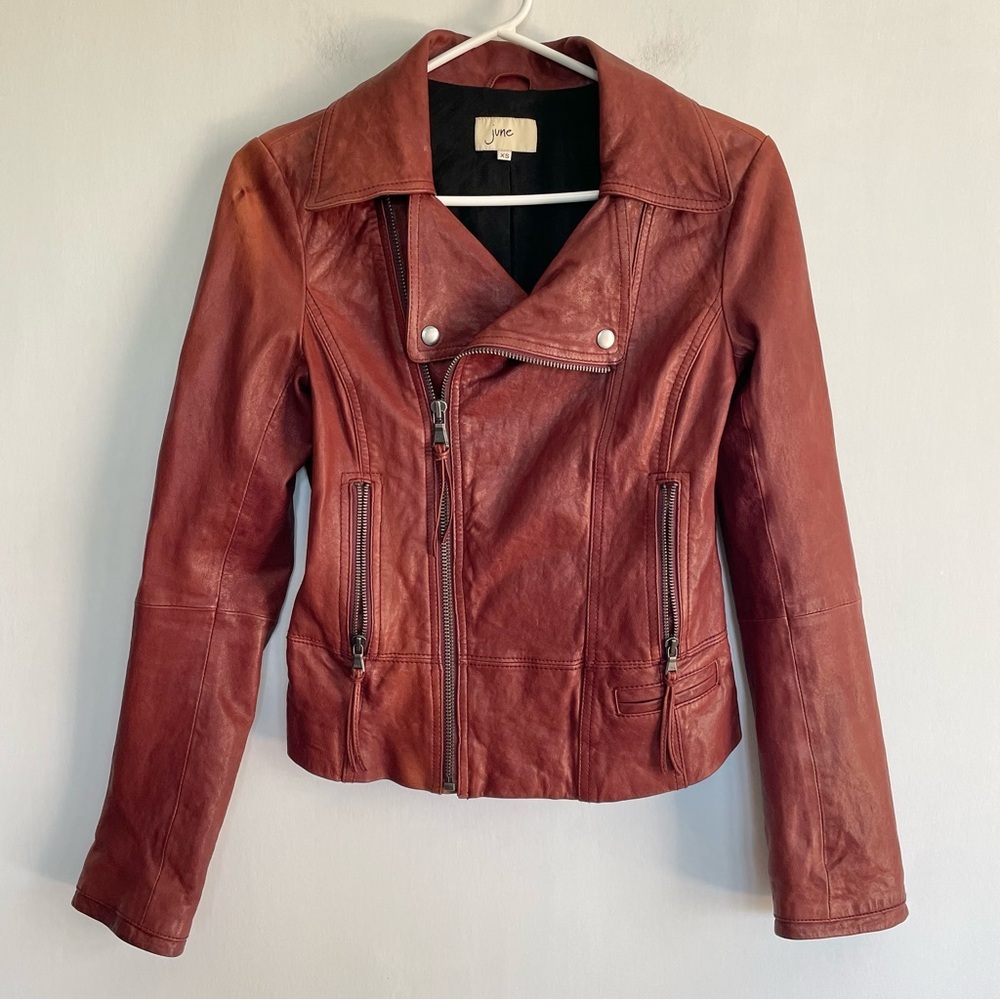June Leather Jacket Vintage Red Moto Zip Up Button Womens Orange Size XS